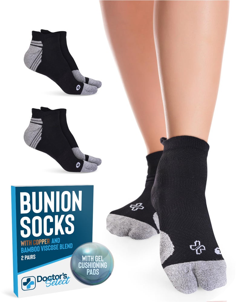 Doctor's Select 2 Pairs Bunion Socks for Women and Men - Copper & Bamboo Viscose Infused Bunion Relief Socks with Toe Separator | Black - Image 1